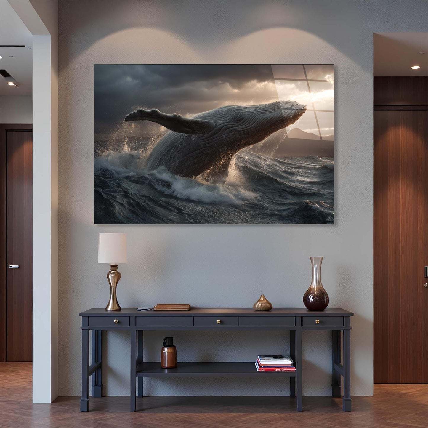 Framed artwork of a whale leaping over waves in a modern interior setting.