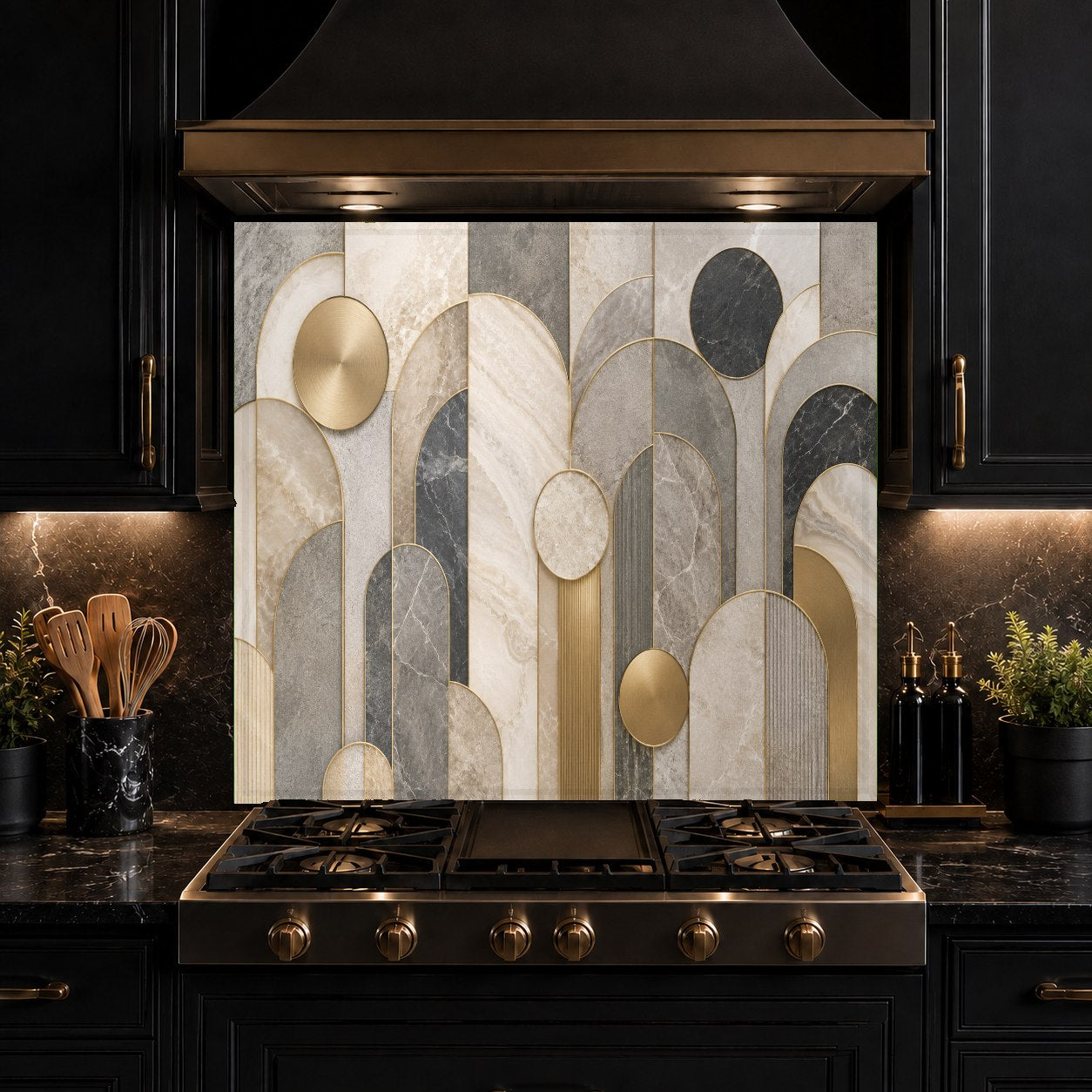 Custom sized marble arches tempered glass backsplash in modern kitchen