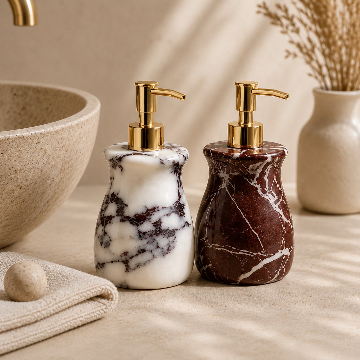 Two marble pump bottles with gold-tone hardware, one white with dark gray veining and one dark reddish-brown with white veining, displayed on a beige surface with a ceramic bowl and dried flowers in the background.