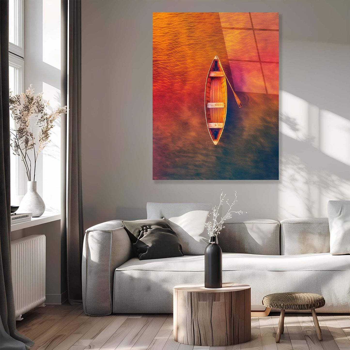 Modern living room with a large abstract painting of a boat on the wall.