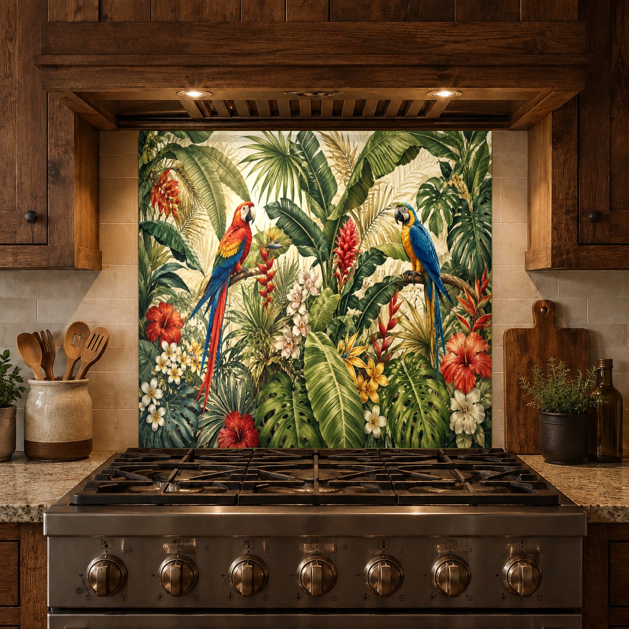 Easy-to-clean glass backsplash panel with tropical wildlife in a modern kitchen
