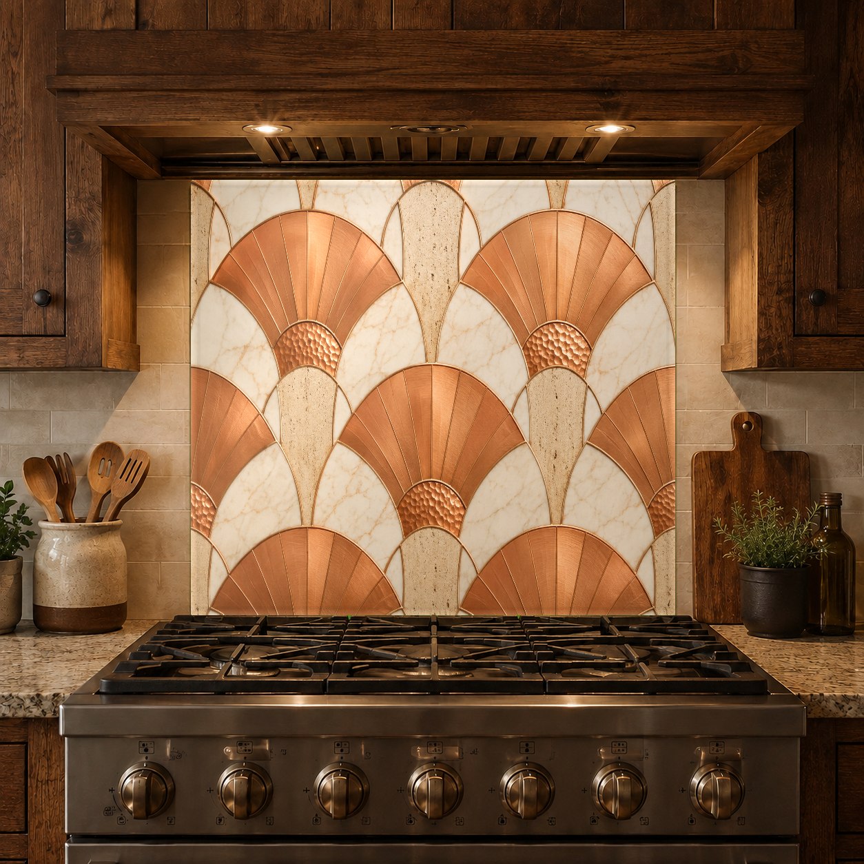 Luxury kitchen stove wall protected by a high-gloss copper abstract tempered glass backsplash under cabinet lighting.