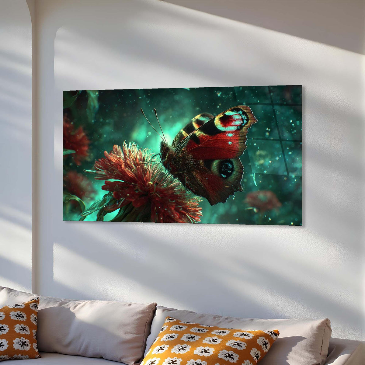 Colorful butterfly on a flower painting on a wall above a sofa with patterned cushions.