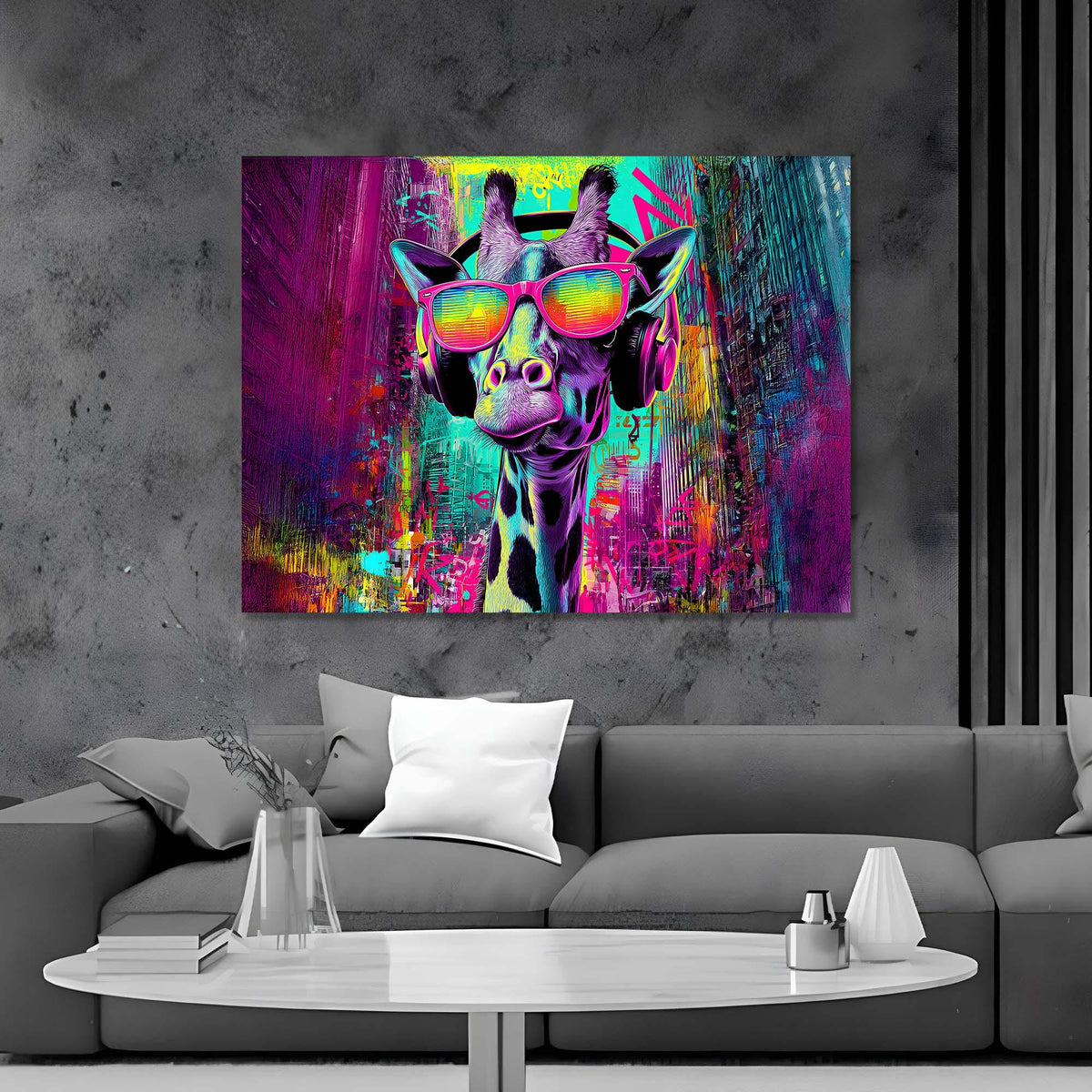 Colorful abstract painting of a cow wearing sunglasses on a gray wall above a gray sofa.