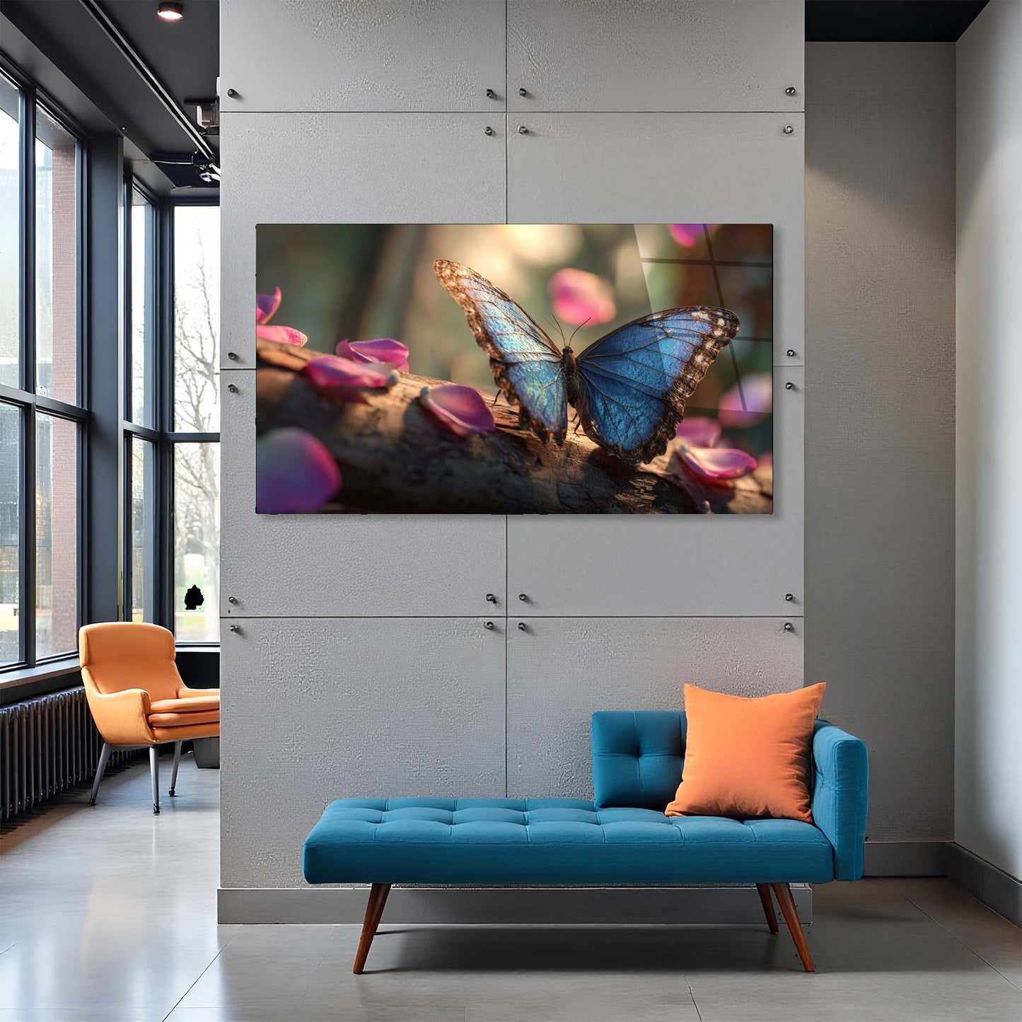 Modern interior with a blue butterfly painting on a white wall, a blue bench, and an orange chair.