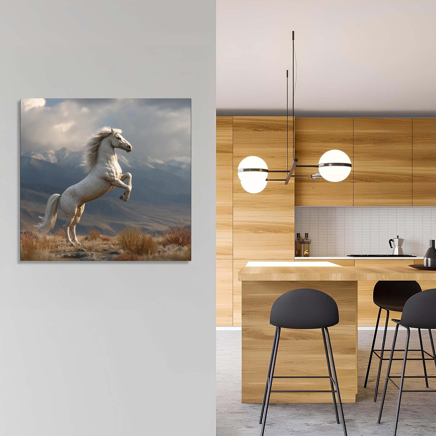 Modern kitchen with wooden cabinets and a horse painting on the wall