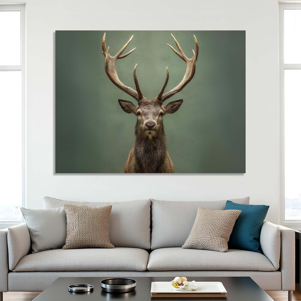 Framed picture of a deer with large antlers on a wall above a sofa.
