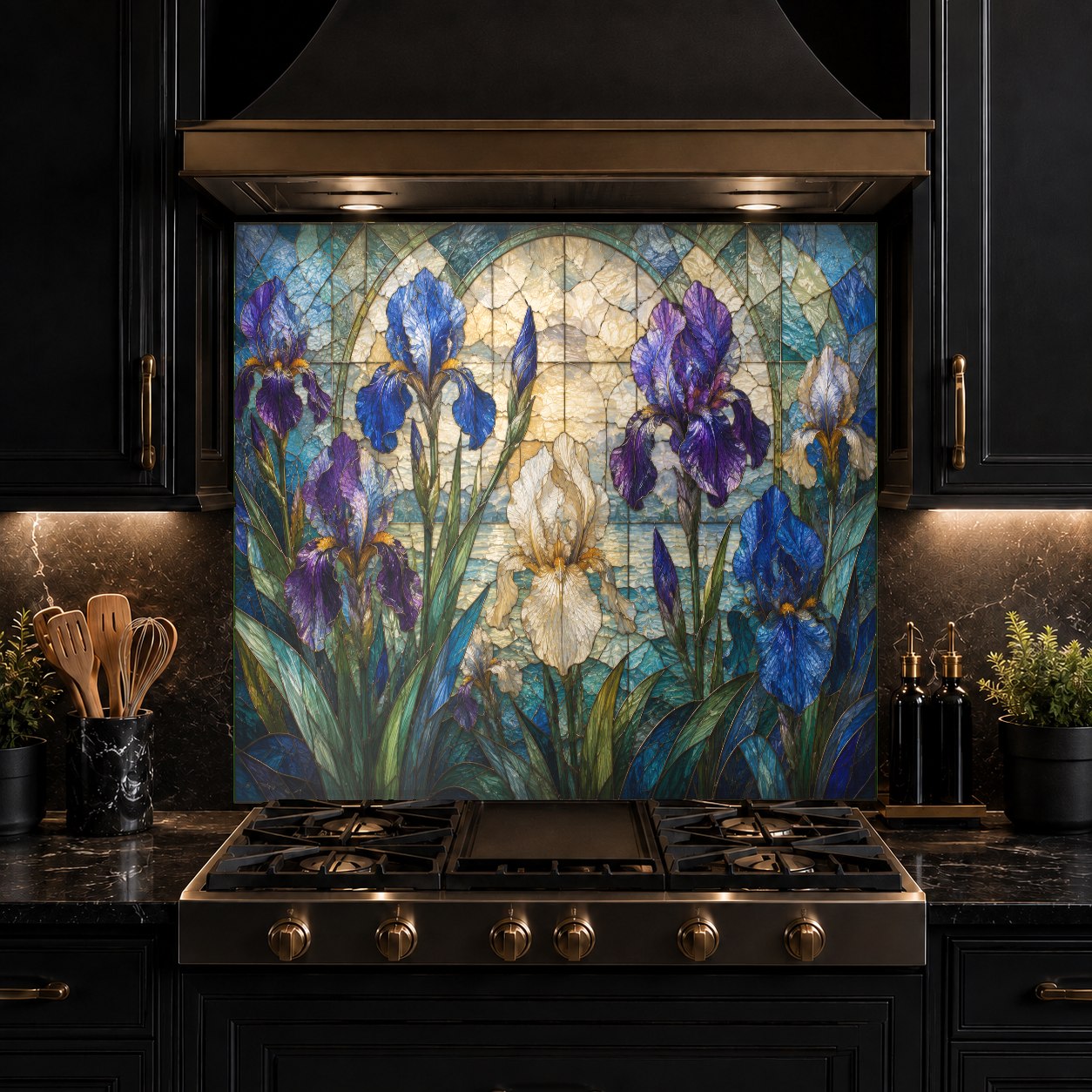 Reflective glass kitchen backsplash panel reflecting natural light in a bright suburban kitchen