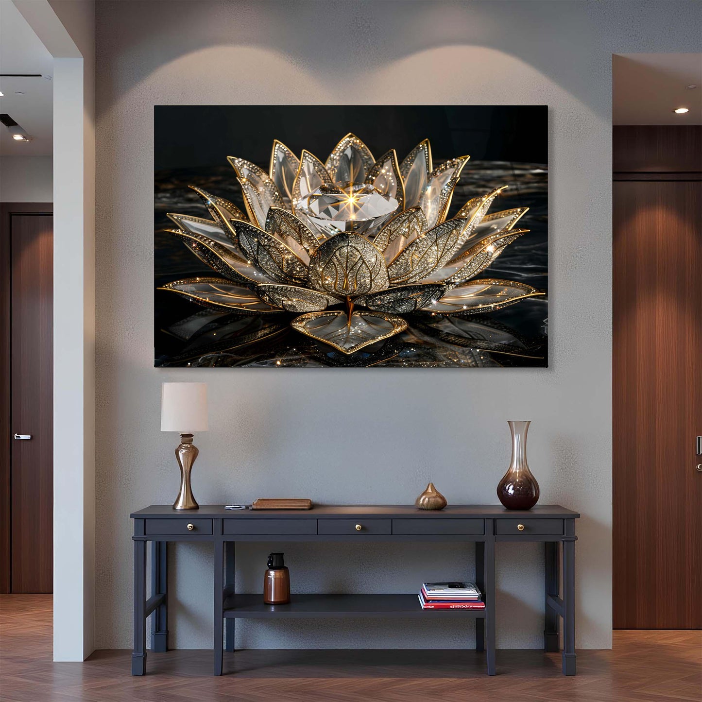 Decorative wall art of a gold lotus flower in a modern interior setting.