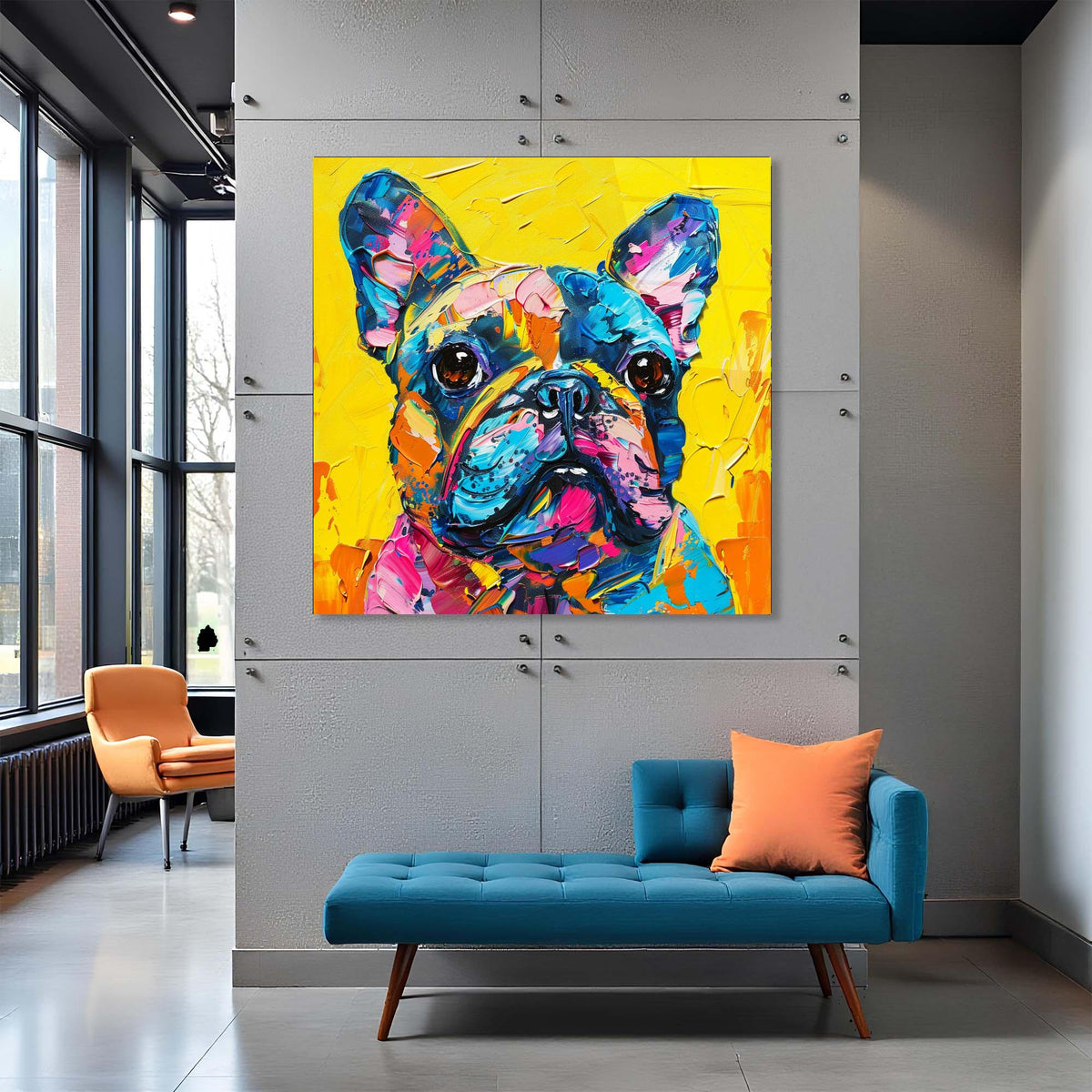 Colorful abstract painting of a dog on a wall in a modern living room.
