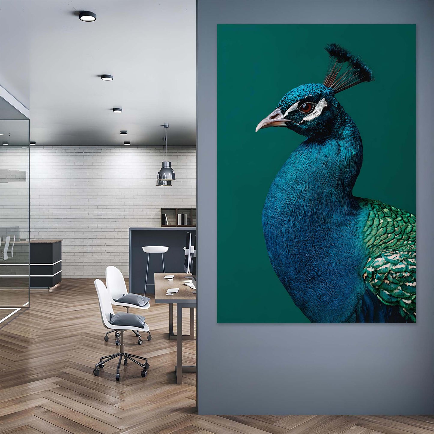 Modern office interior with a peacock painting on the wall