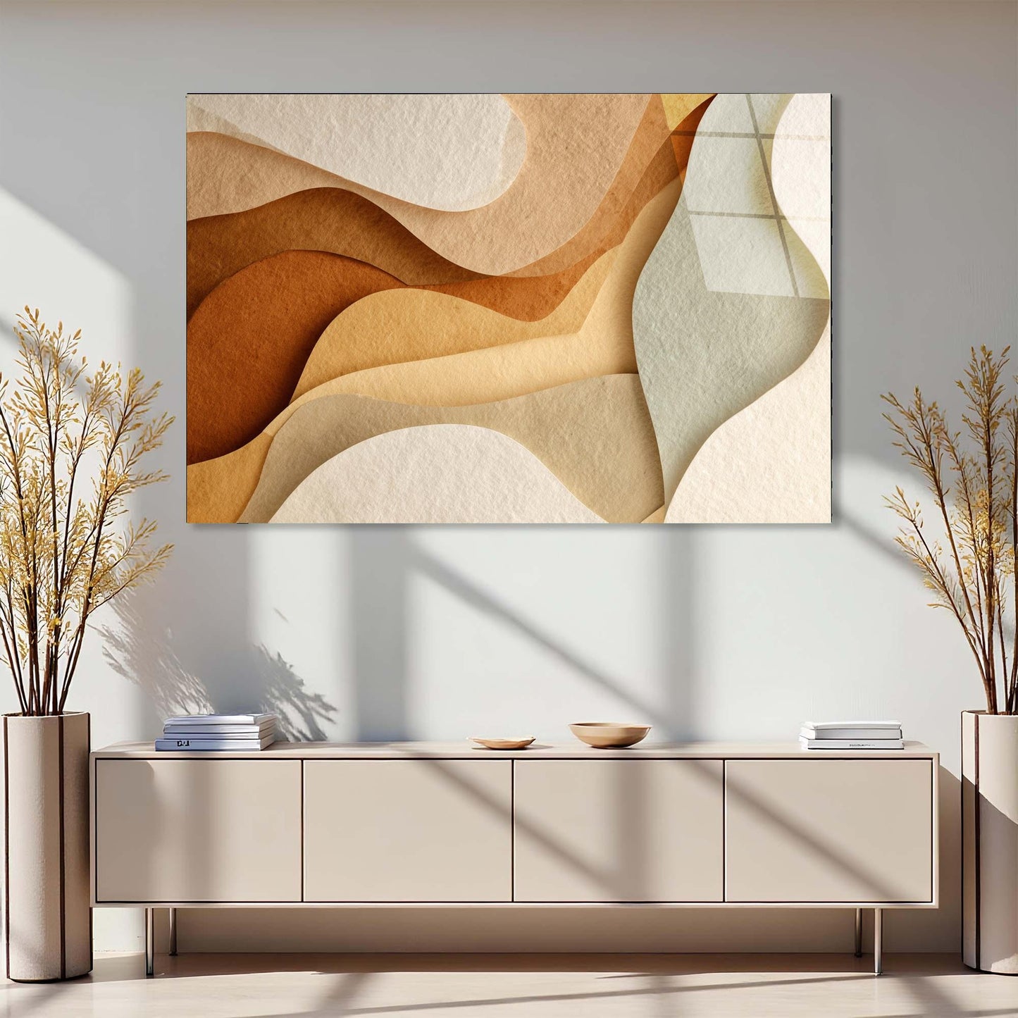 Abstract wall art above a modern console table with decorative elements.