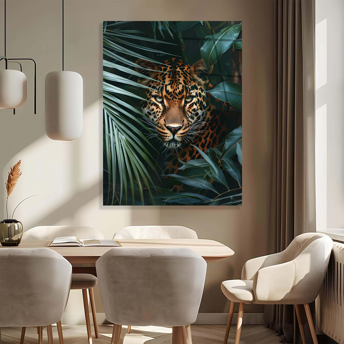 Dining room with a large canvas print of a leopard among leaves on the wall.