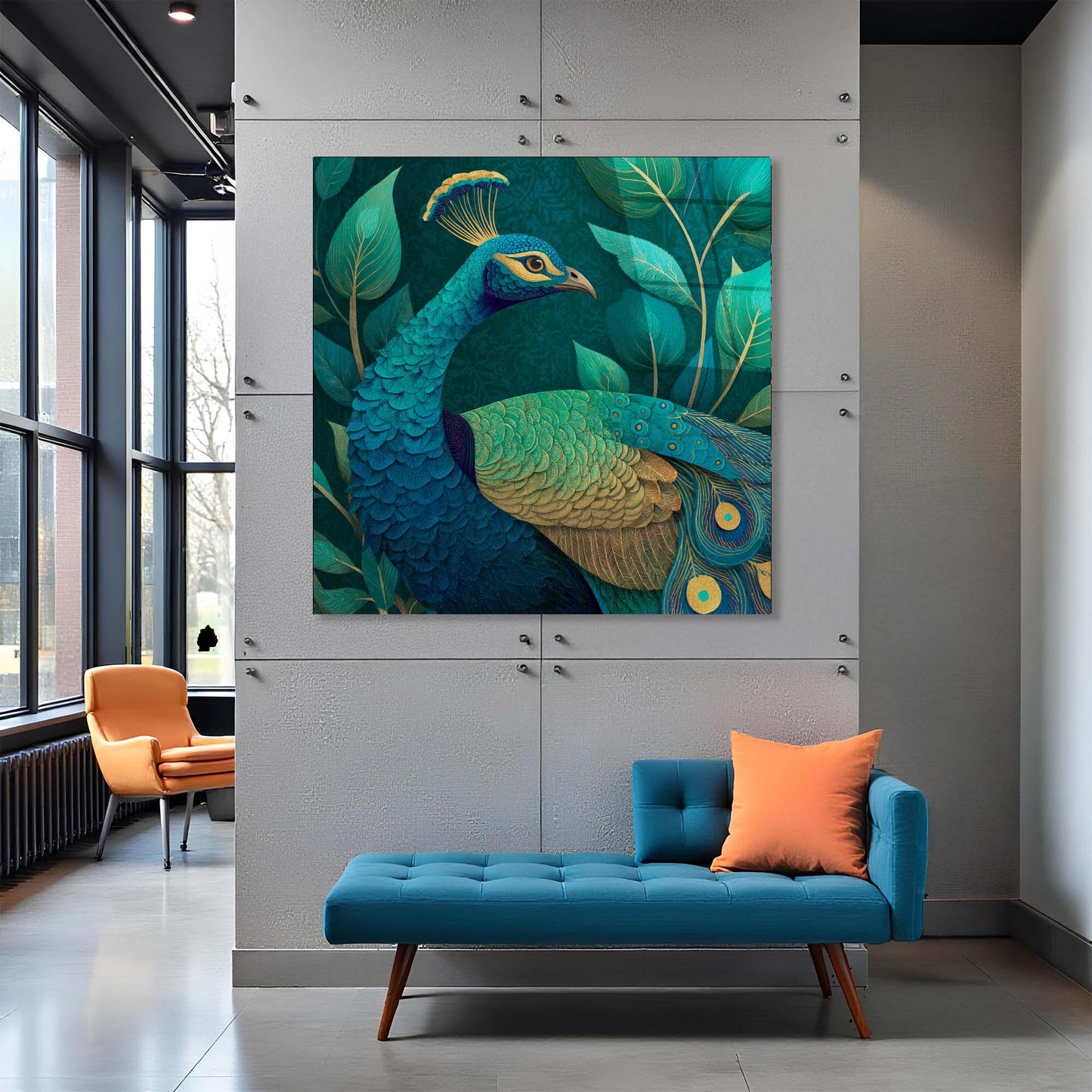 Modern interior with a peacock painting on the wall, blue bench, and orange chair.