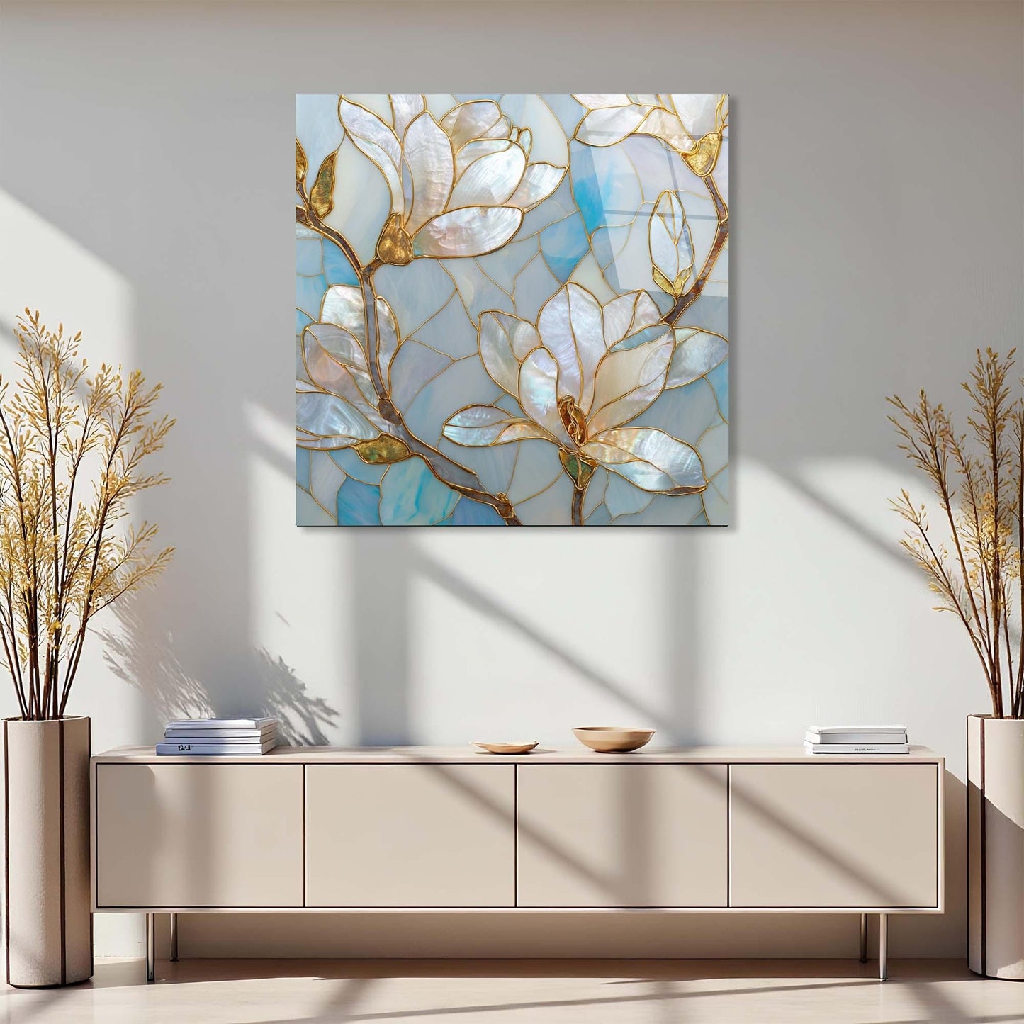 Decorative painting of floral design on a wall above a light-colored cabinet.