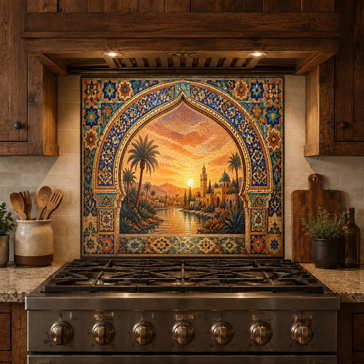 Stunning Sunset Oasis glass kitchen backsplash providing a seamless, grout-free wall protection behind the stove.