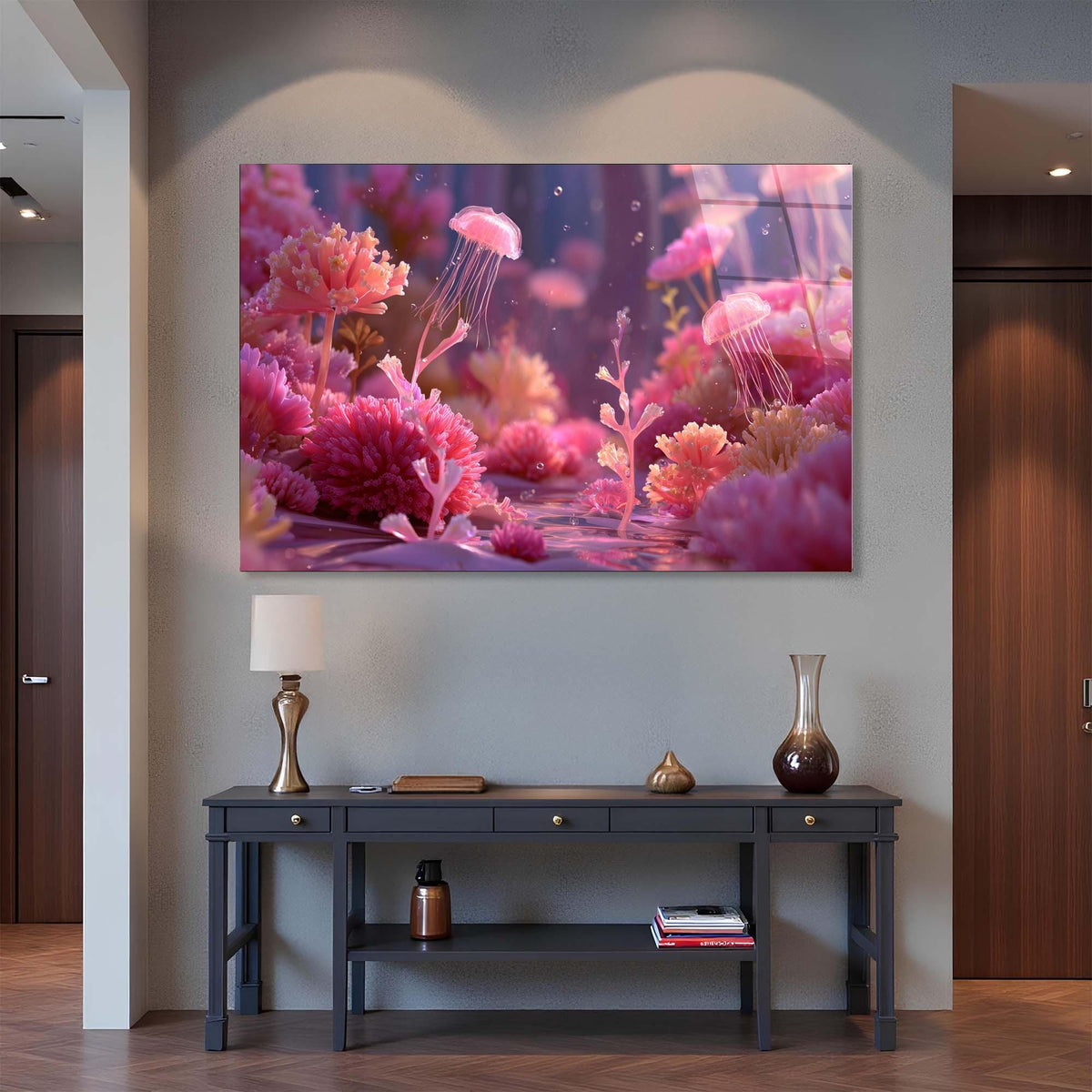 Futuristic underwater scene with pink jellyfish and coral on a wall above a dark wooden console table.
