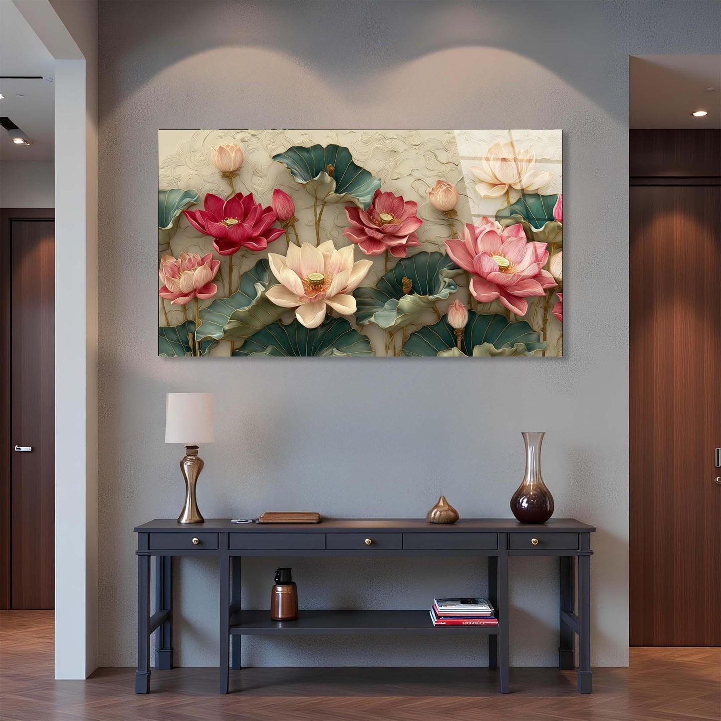 Decorative wall art of lotus flowers in a room with a console table.