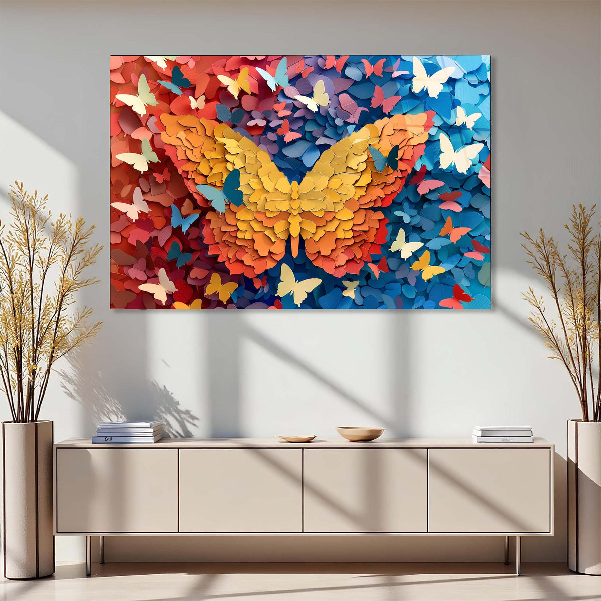 Colorful butterfly art piece on a wall above a wooden cabinet.