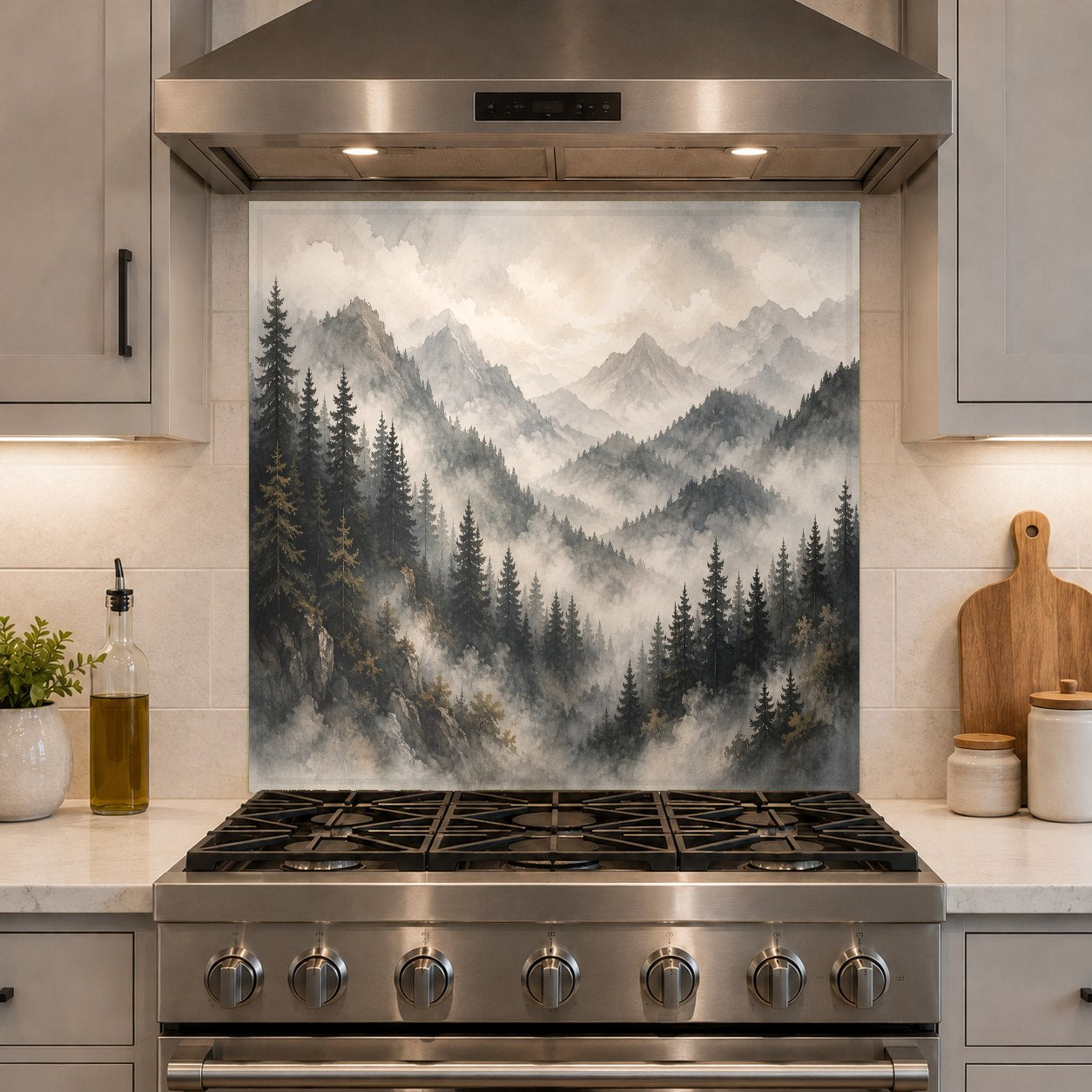 Easy-to-clean glass backsplash with a nature-inspired forest veil design behind a kitchen cooktop.