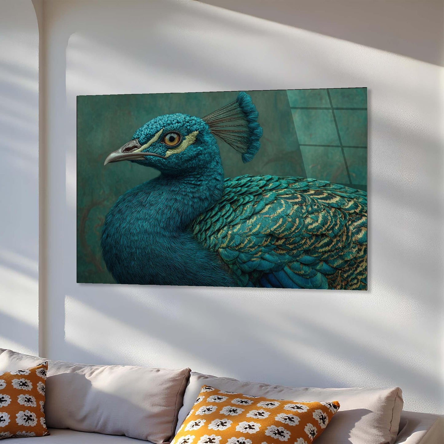 Canvas print of a peacock on a wall above a sofa with patterned cushions.
