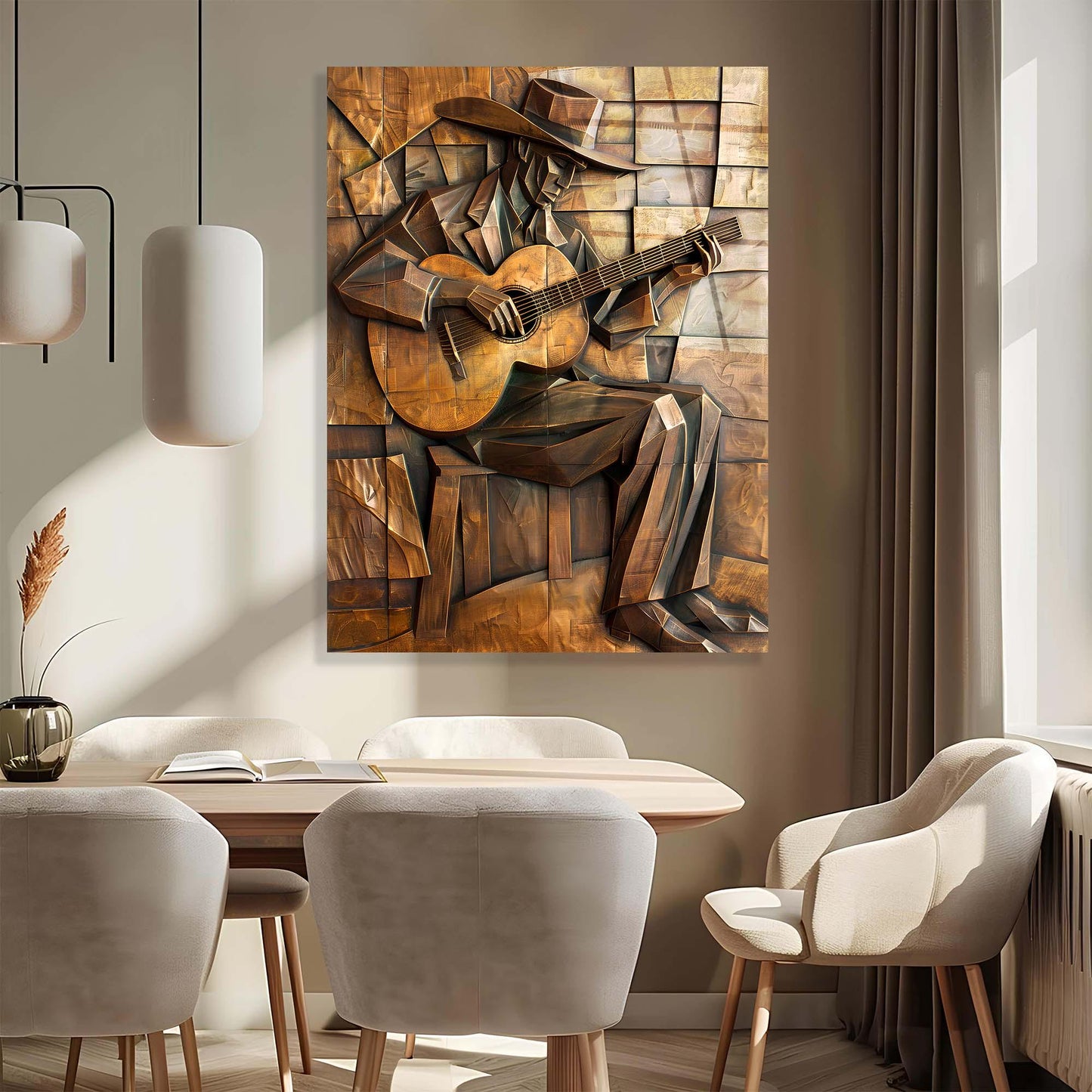 Dining room with a large abstract painting of a guitar player on the wall.
