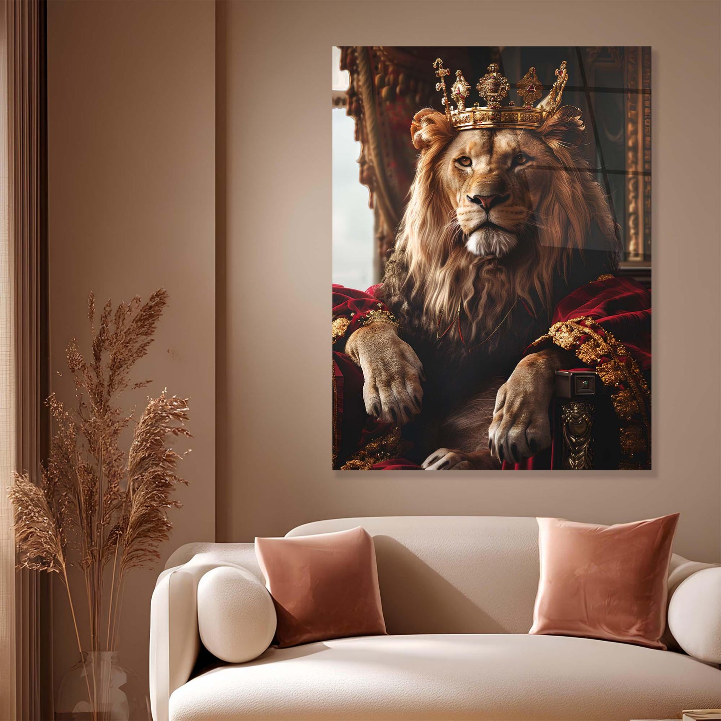 Decorative wall art of a lion with a crown in a living room setting.