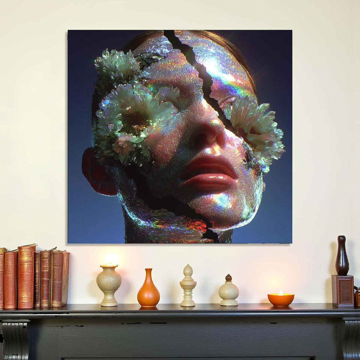 Abstract artwork of a face with floral elements on a wall above a shelf with decorative items.