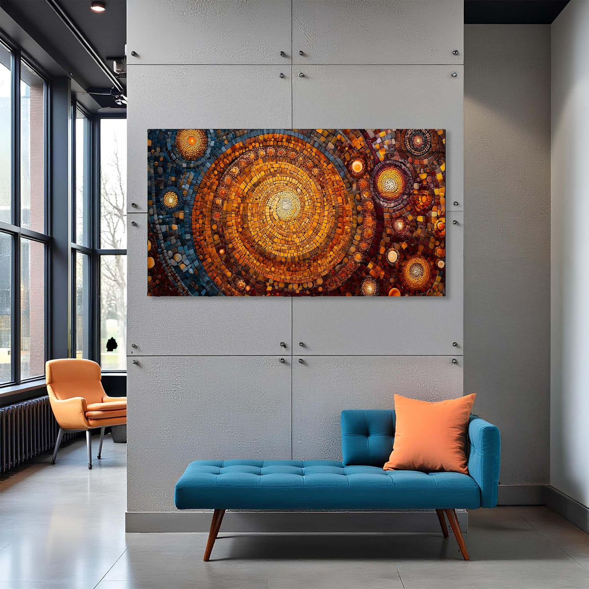 Modern interior with a blue sofa, orange chair, and abstract wall art.