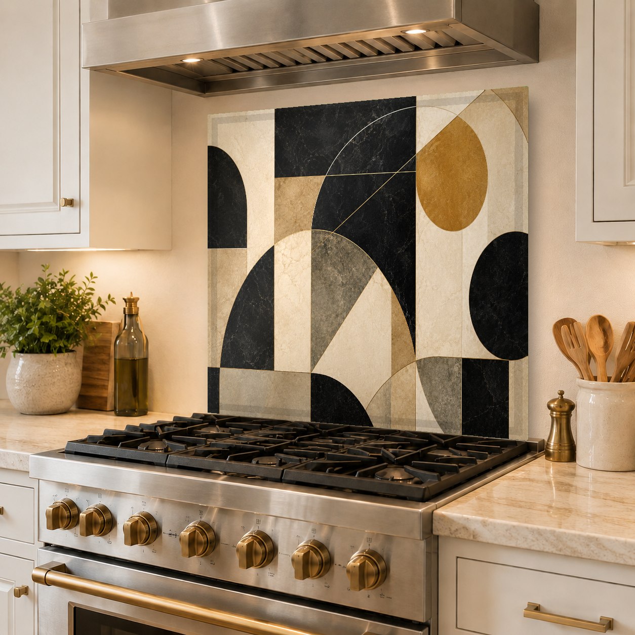 Custom size modern geometric tempered glass backsplash protecting the cooking area behind a slide-in stove.