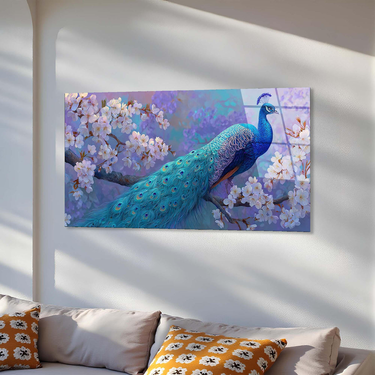 Peacock Blossom Tempered Glass Wall Art | Elegant Nature Decor