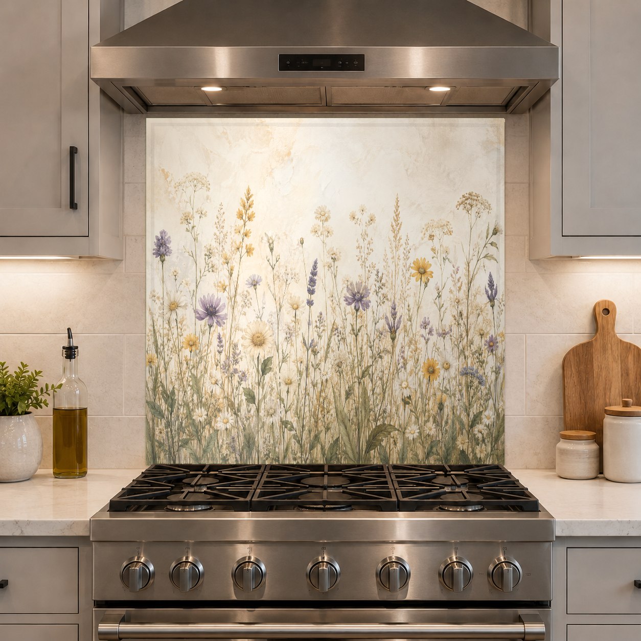 Custom-fit wildflower meadow glass backsplash installed behind a cooktop in a bright, sunlit kitchen space.