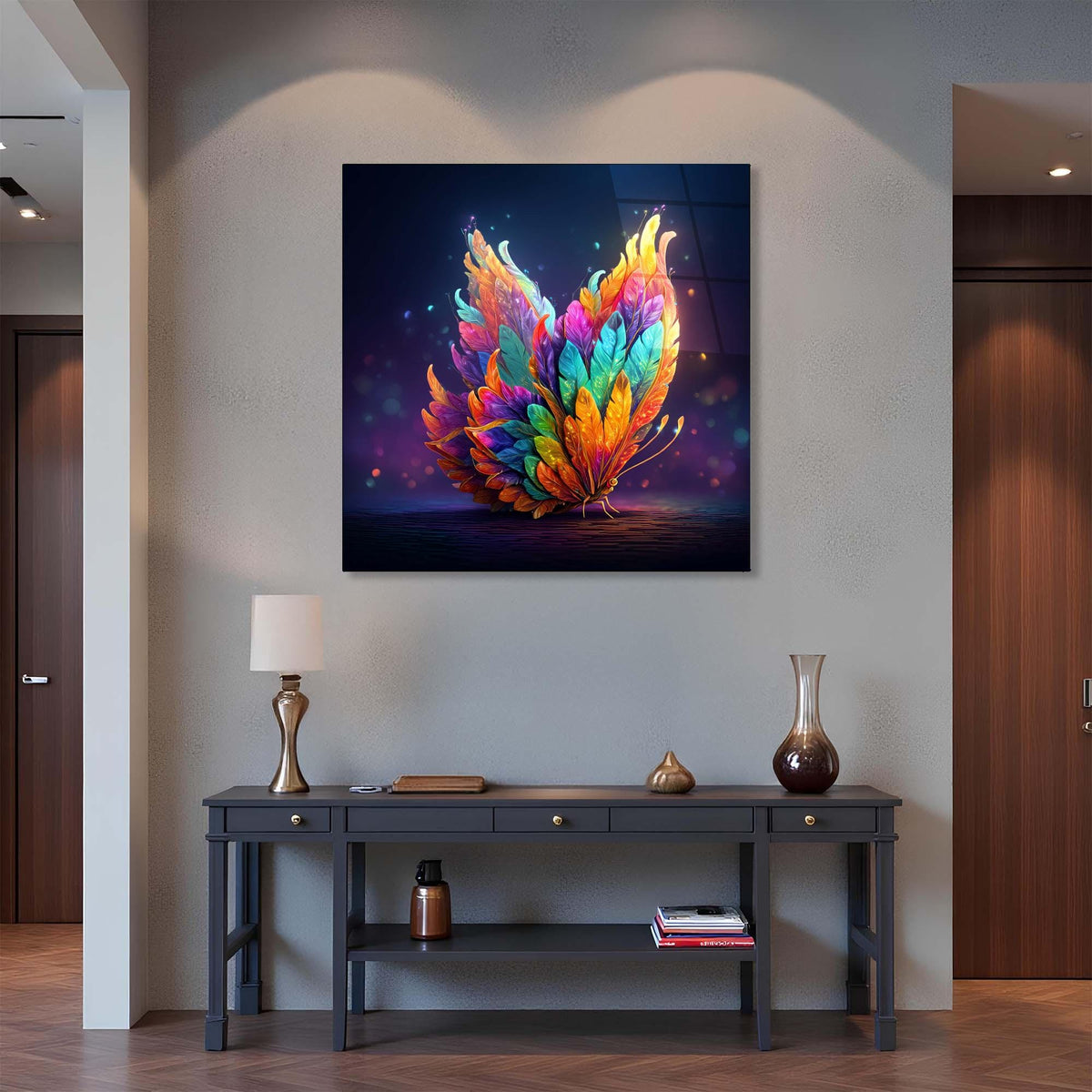 Colorful abstract art piece on a wall above a dark wooden console table.