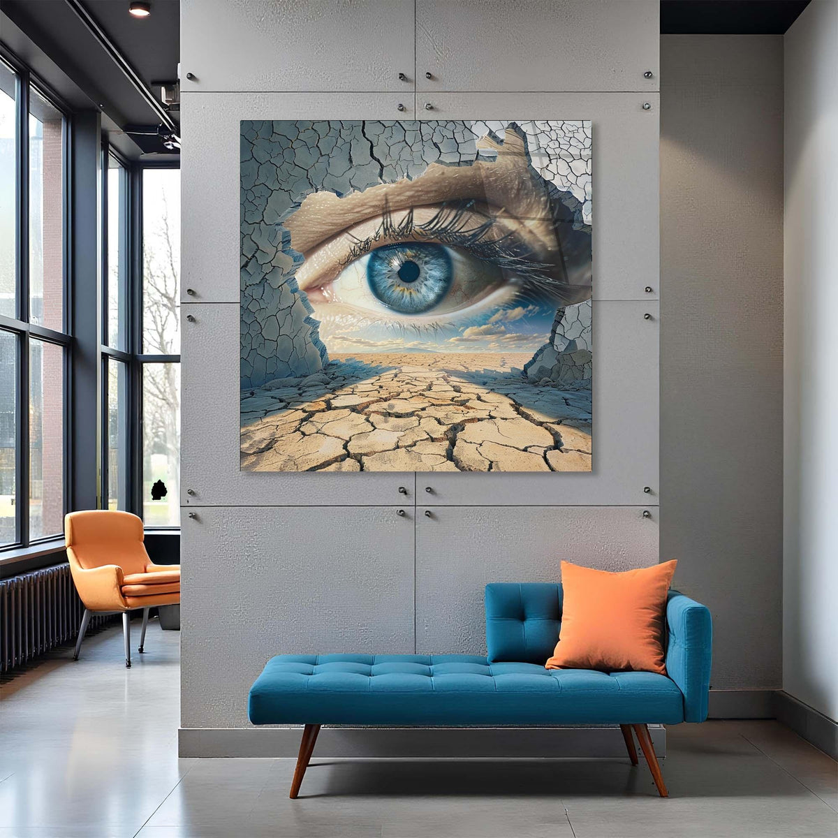 Modern interior with a large abstract painting of an eye on a cracked surface, a blue sofa, and orange chair.