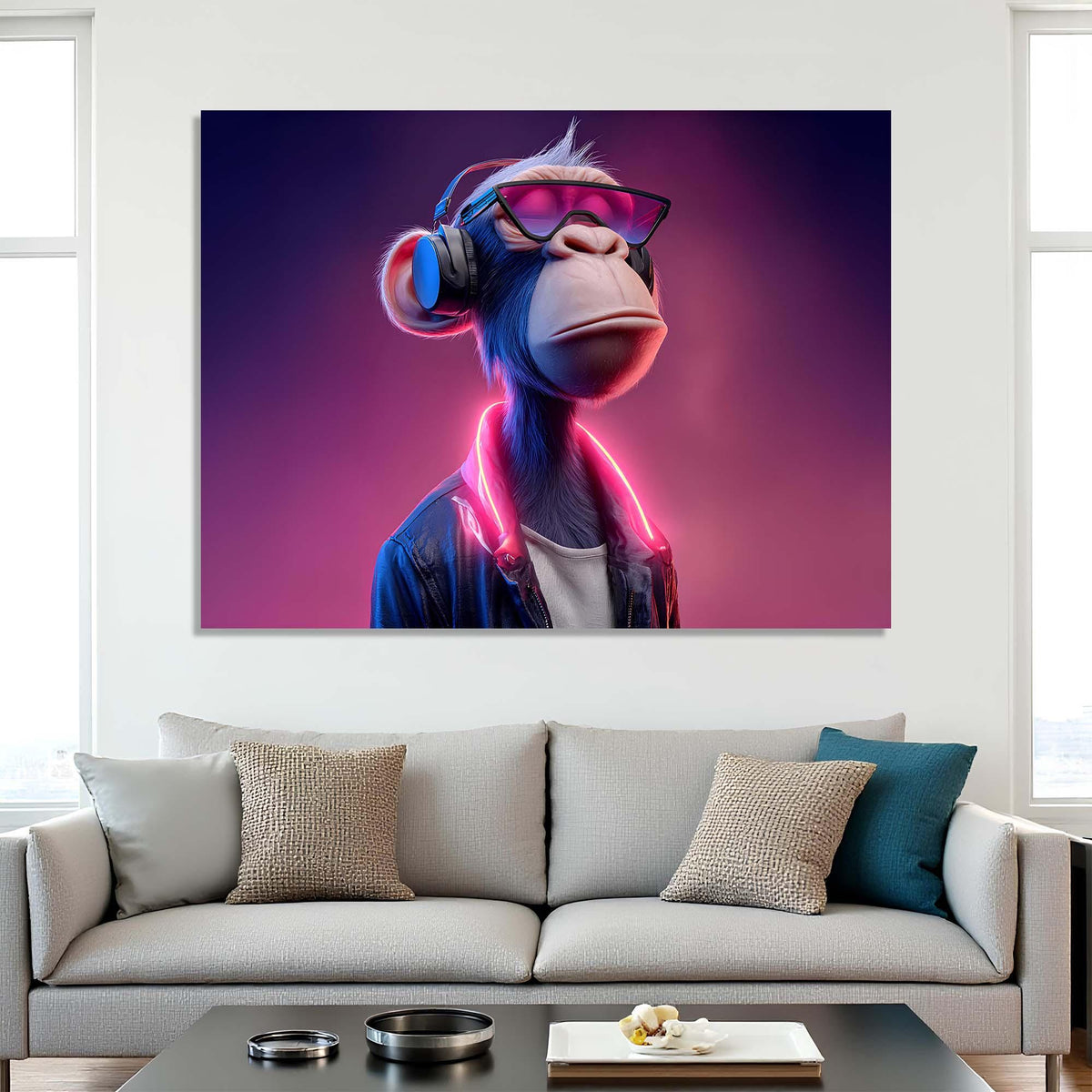 Futuristic monkey character with sunglasses and neon lights on a wall above a sofa.