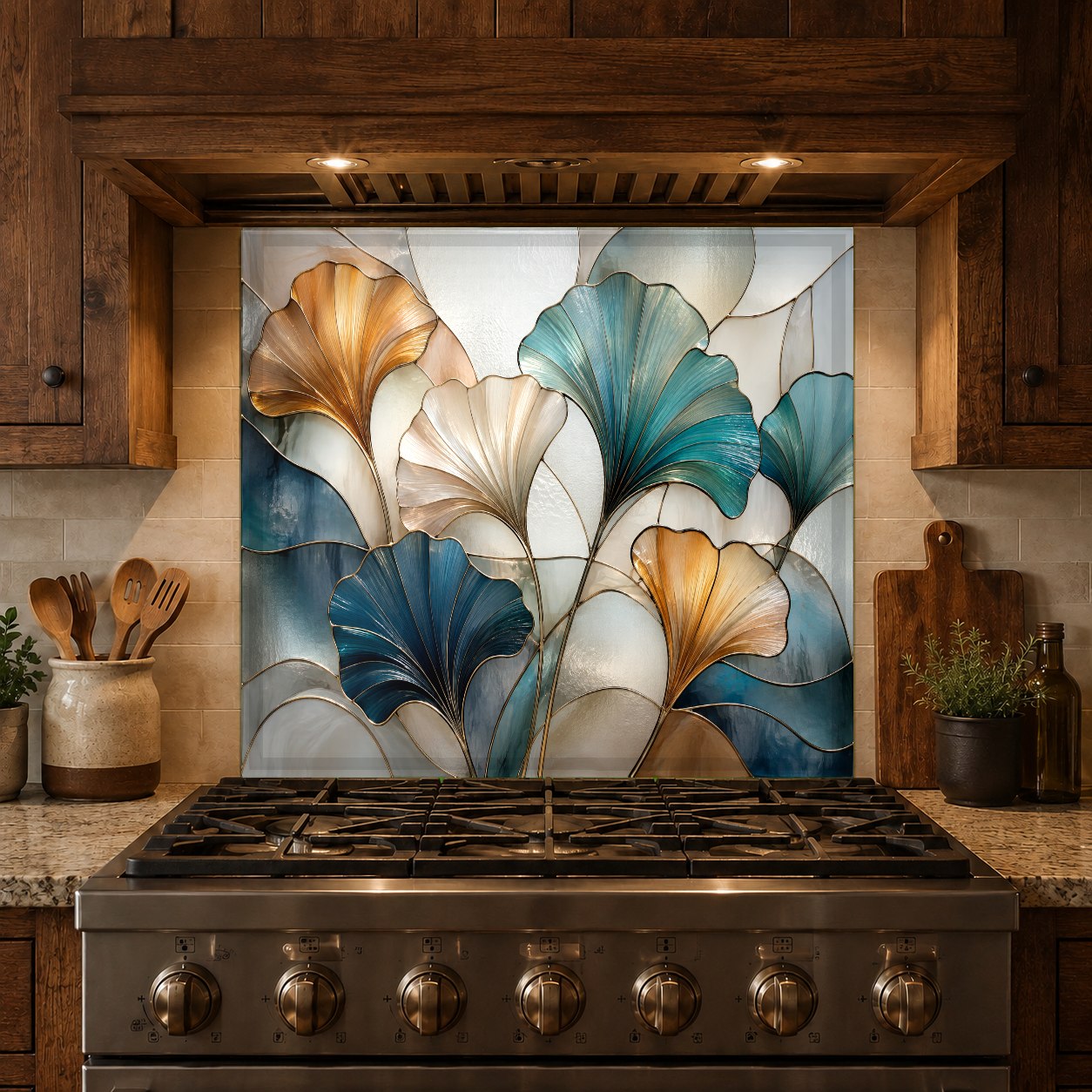 Modern kitchen featuring a botanical stained glass look tempered glass backsplash
