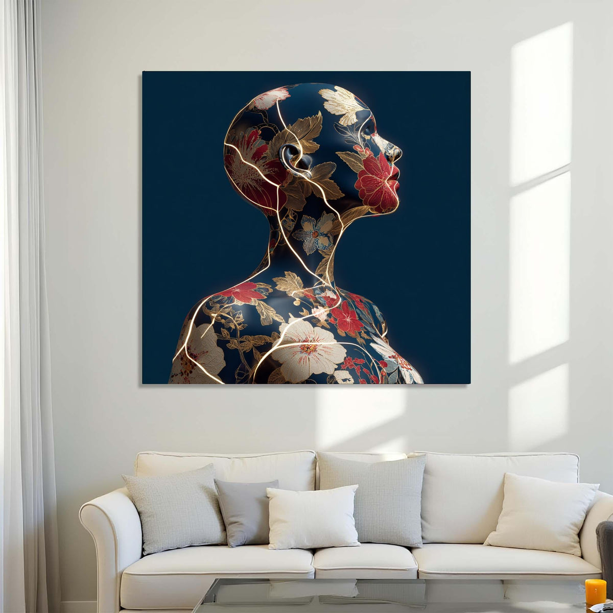 Abstract art of a woman's profile with floral patterns in a modern living room.