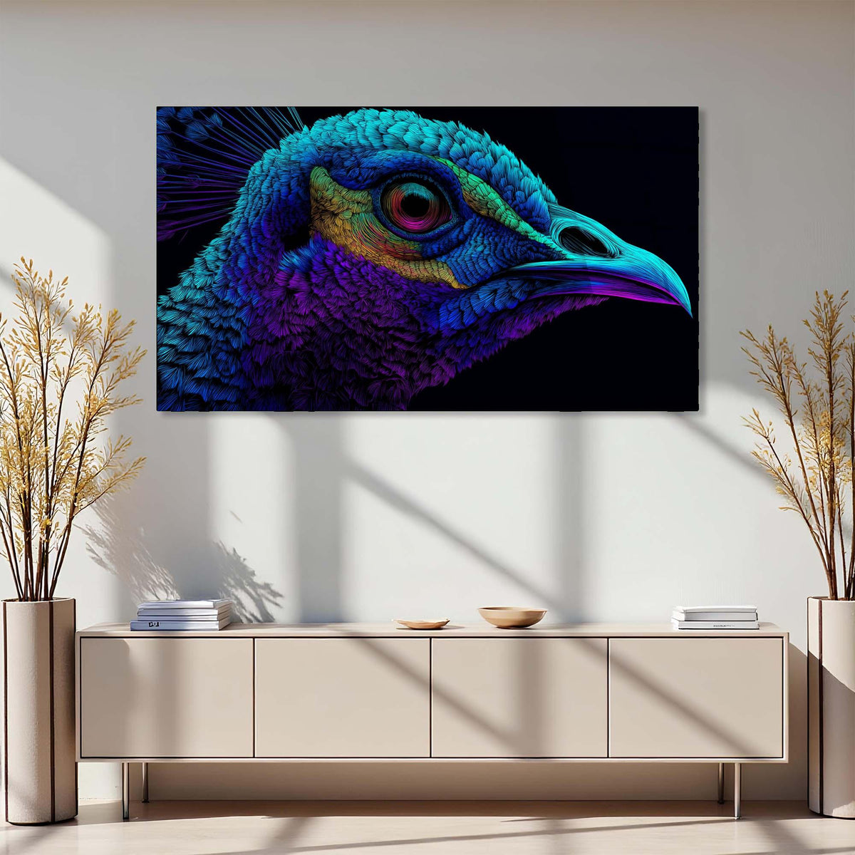 Colorful peacock head painting on a wall above a light-colored cabinet with decorative plants.