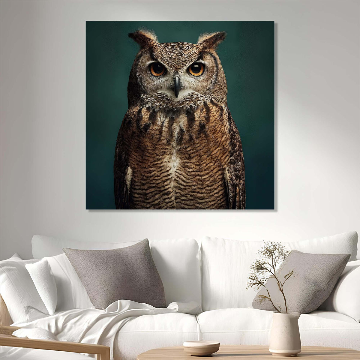 Framed picture of an owl on a wall above a white sofa.