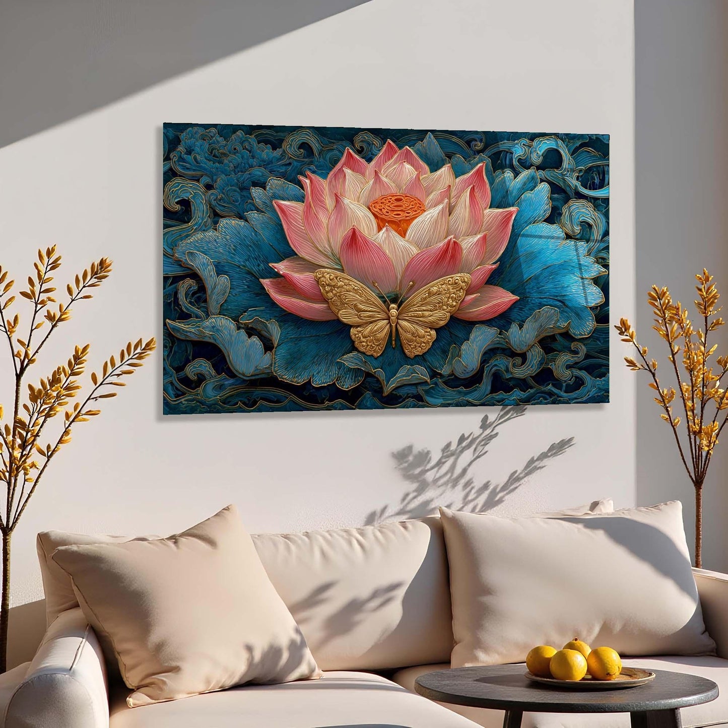 Decorative wall art of a pink lotus flower and gold butterfly in a living room setting.