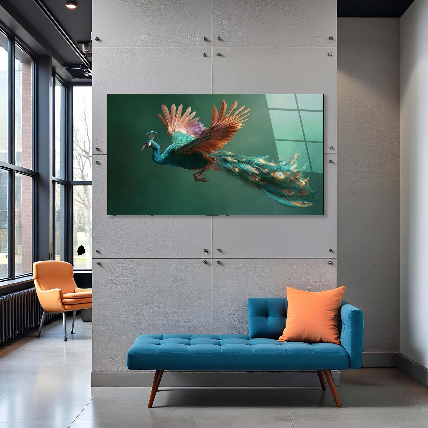 Modern interior with a peacock painting on the wall, blue bench, and orange chair.