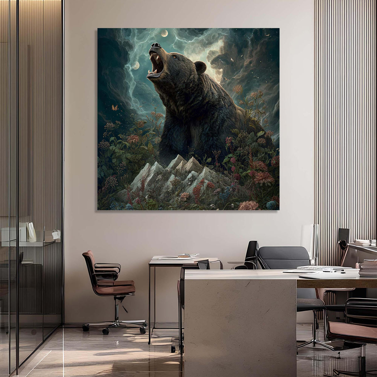 Large painting of a bear in a mountainous landscape above a modern office desk.