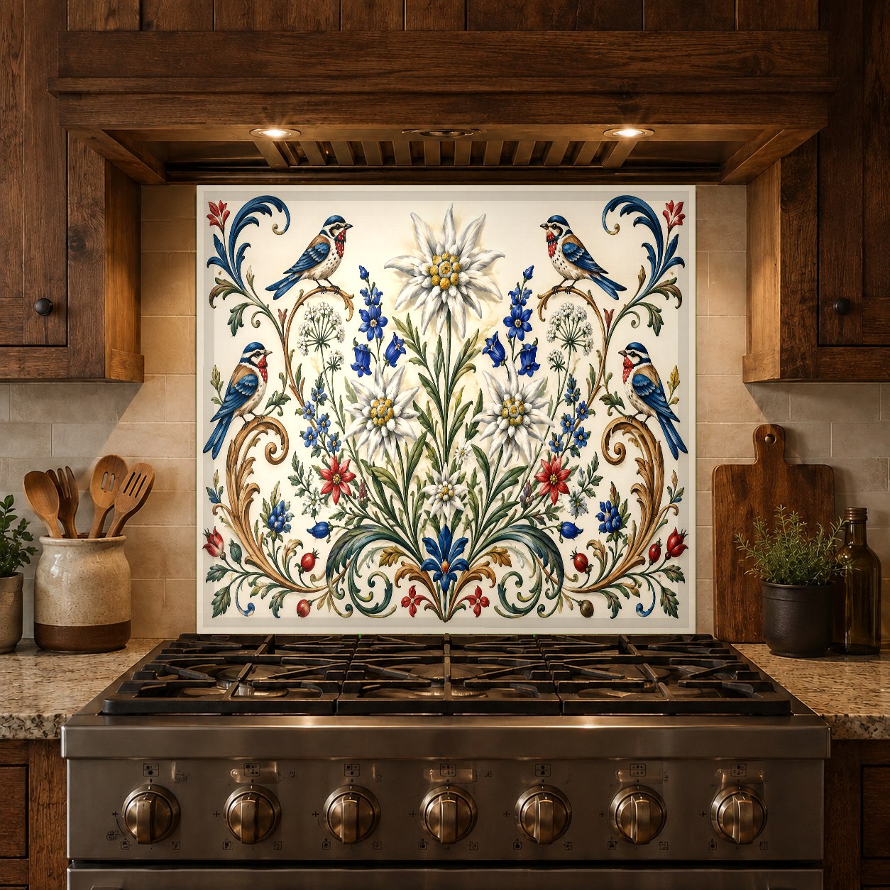 Custom heat-resistant glass kitchen backsplash panel featuring a vibrant coral garden print