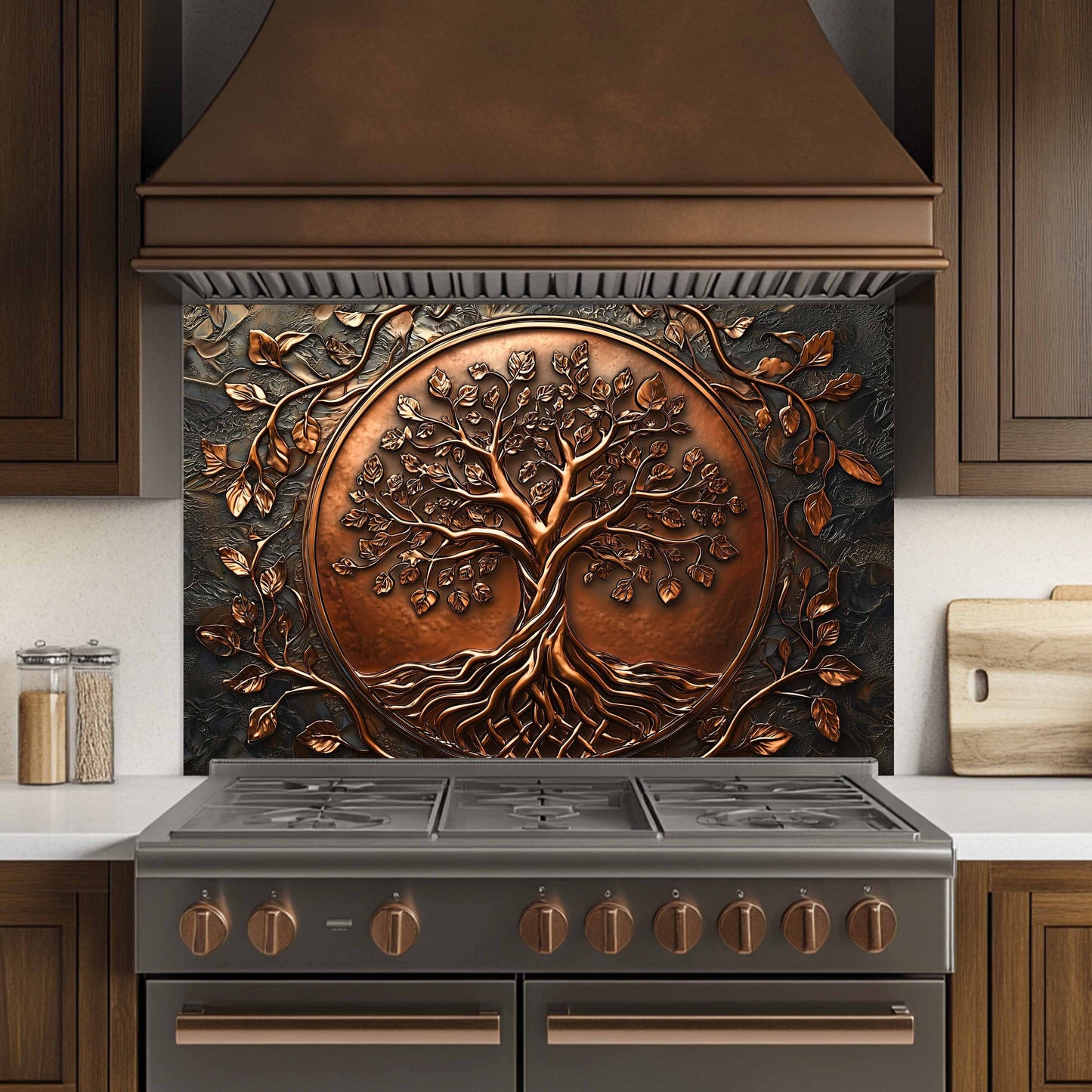 Decorative copper tree of life backsplash above a stove in a kitchen.