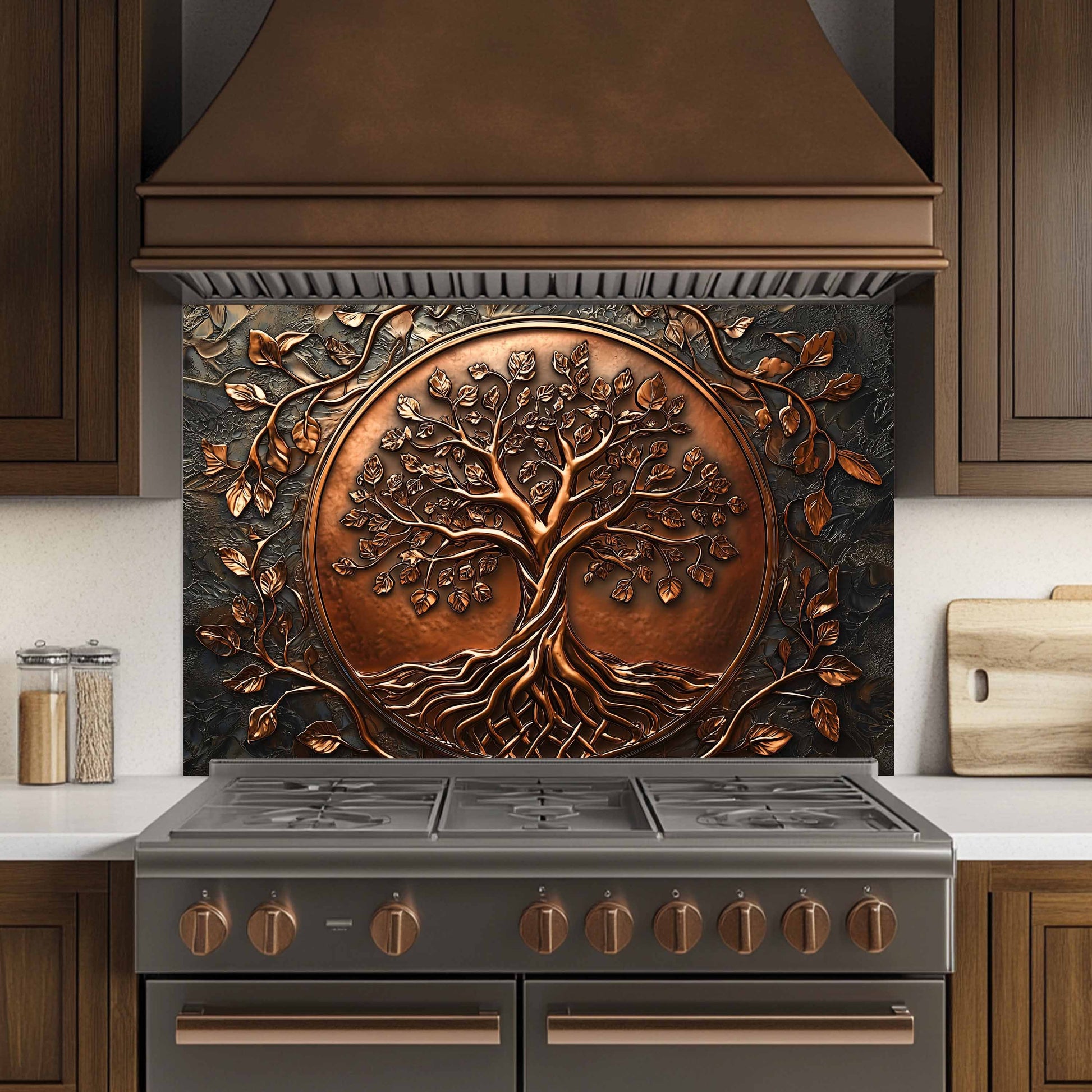 Decorative copper tree of life backsplash above a stove in a kitchen.