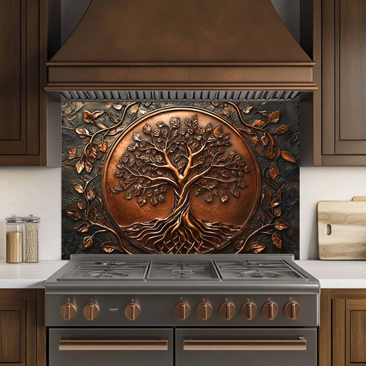 Decorative copper tree of life backsplash above a stove in a kitchen.