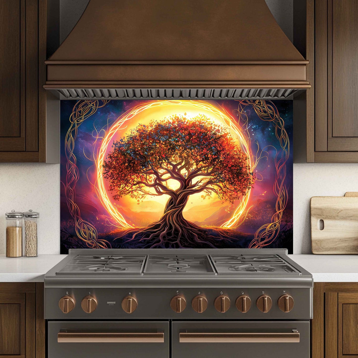 Stainless steel stove with a decorative glass panel featuring a tree of life design in a kitchen setting.