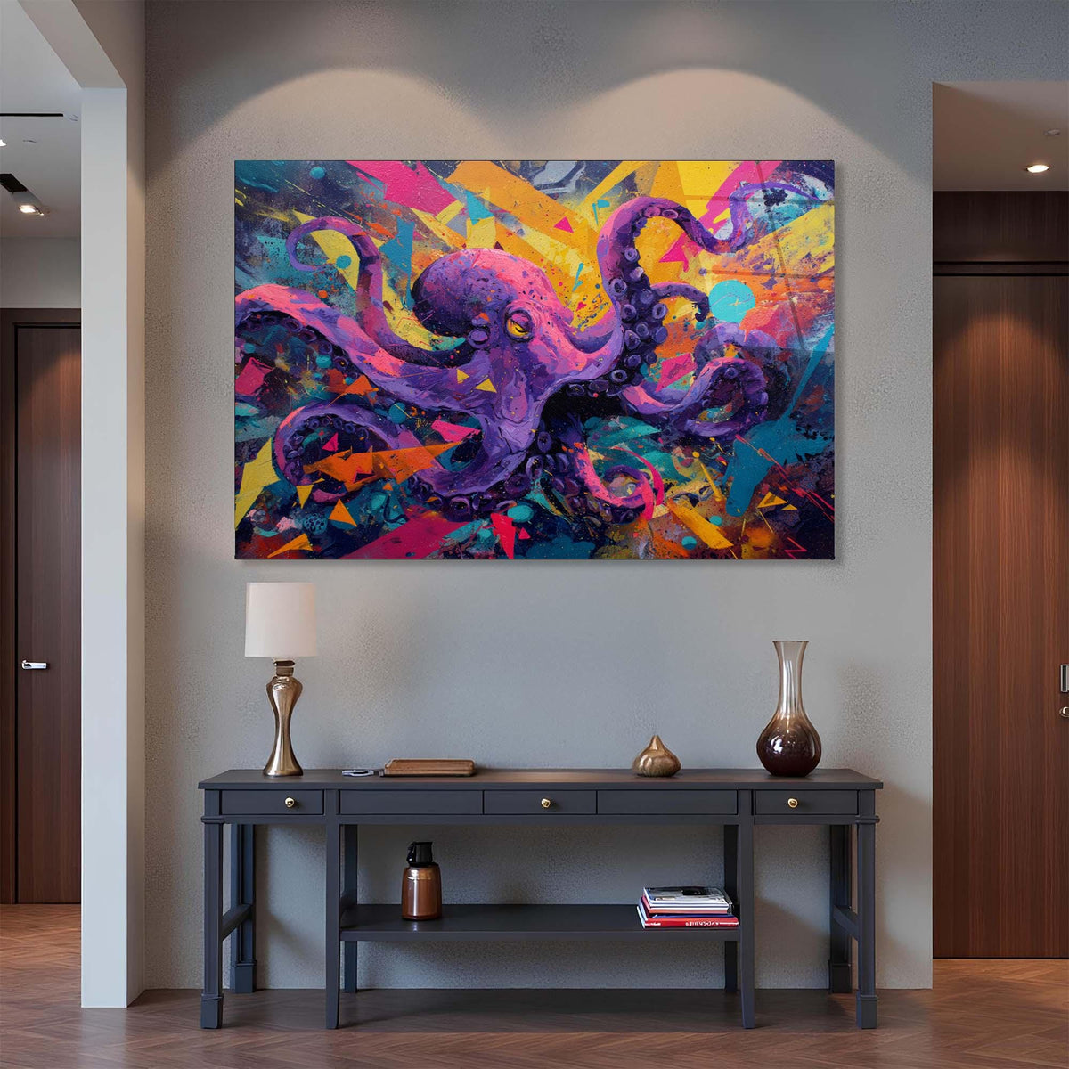 Colorful abstract octopus painting on a wall above a dark wooden console table.