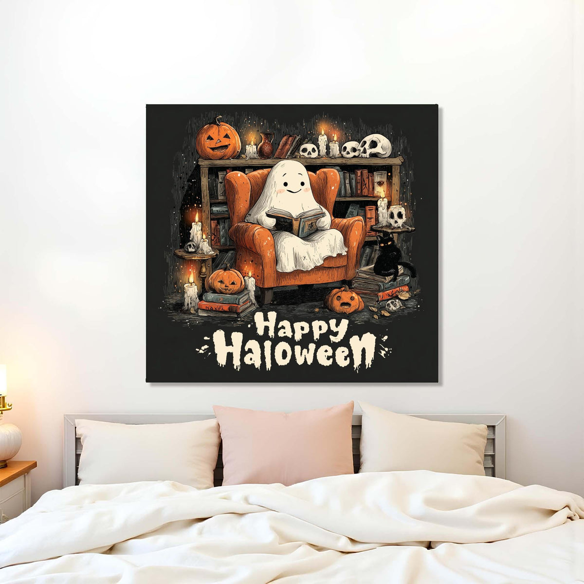 Halloween-themed wall art with a ghost on an armchair above a bed.