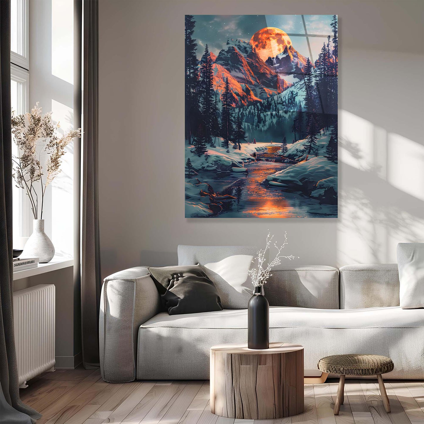 Modern living room with a large mountain landscape painting above a sofa.